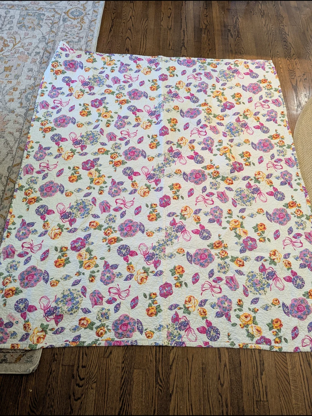 Twin Floral Quilted Bedspread in White with Pink, Purple & Yellow Flowers
